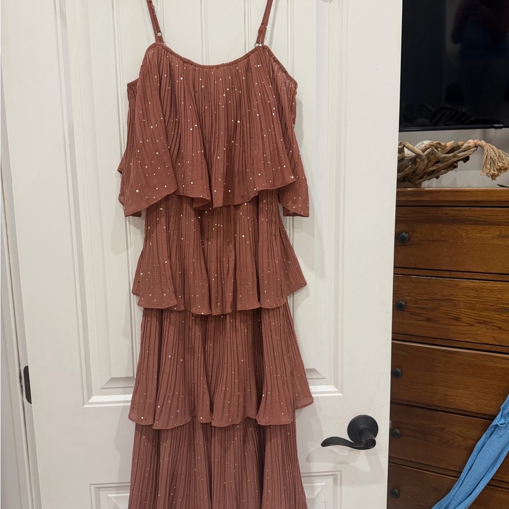 By Together Rust Tiered Midi Dress with Metallic Dots